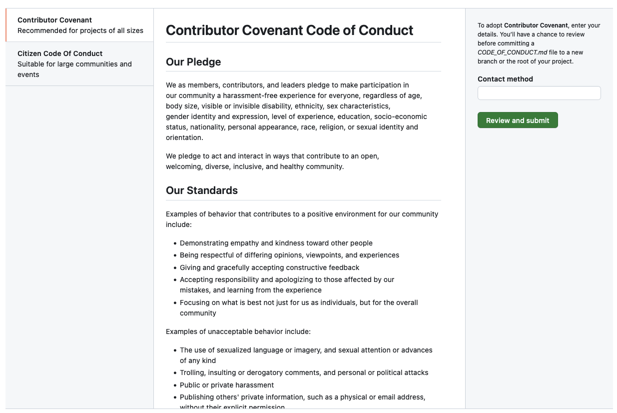 Screenshot of GitHub interface showing Contributor Covenant and a form on the right hand side to fill out the contact method and a button to review and submit the form.