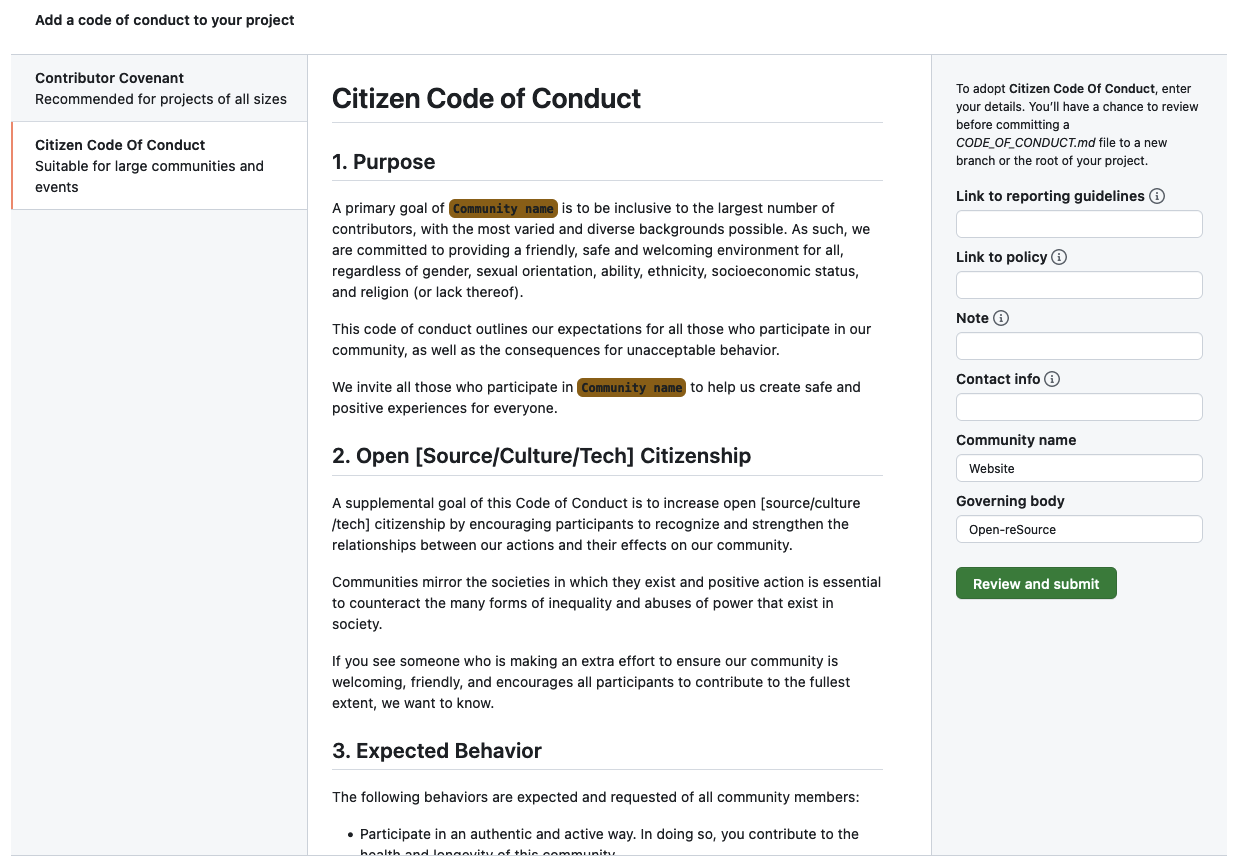 Screenshot of GitHub interface showing Citizen Code of Conduct and a form on the right hand side with different fields and a button to review and submit the form.