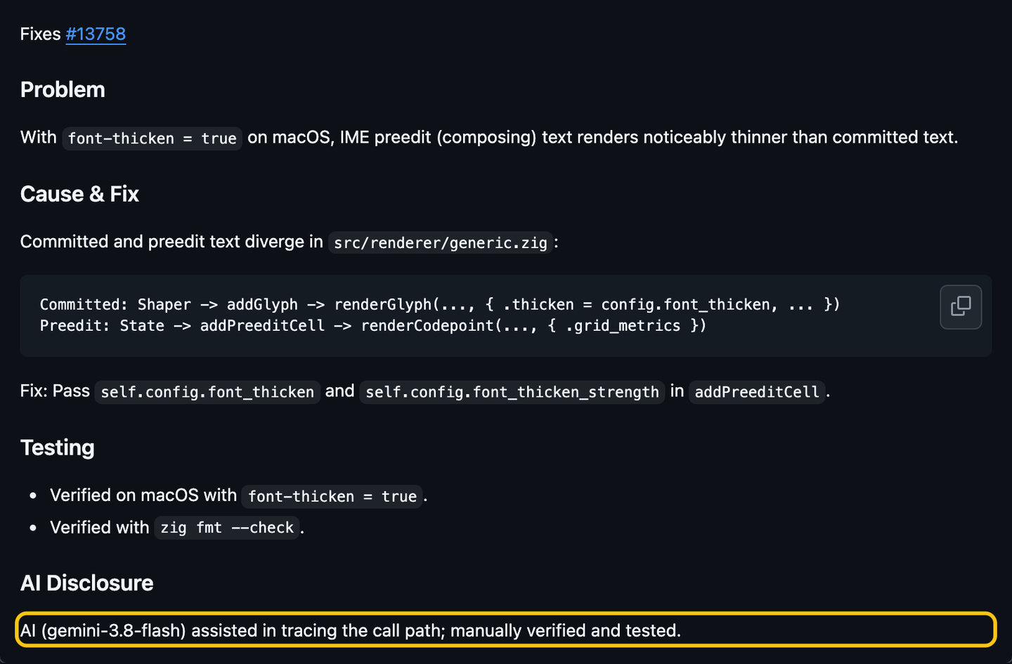 A Ghostty pull request description: problem, cause and fix, testing, then an AI Disclosure heading and one line under it.