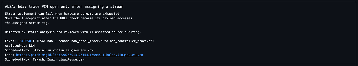 A Linux kernel commit message ending with Assisted-by: LLM, then Signed-off-by lines from the author and the maintainer.