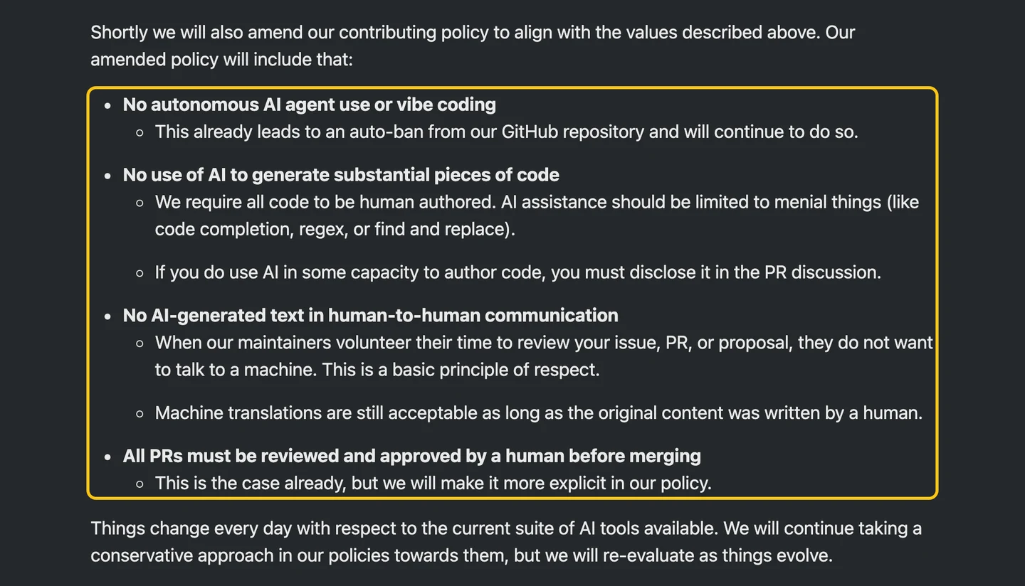 Godot's amended policy: no AI agents, human-authored code only, no AI-generated text, a human reviews every pull request.