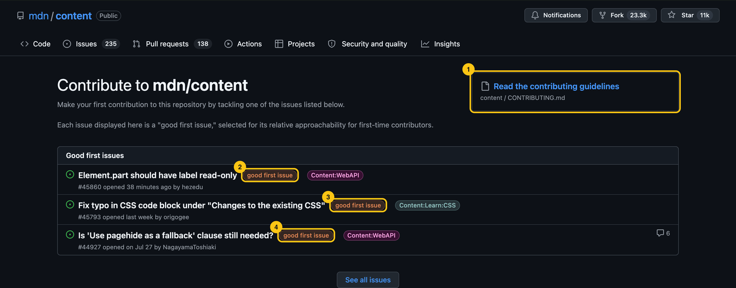 GitHub’s Contribute page for mdn/content: a link to the contributing guidelines and two issues labeled good first issue.