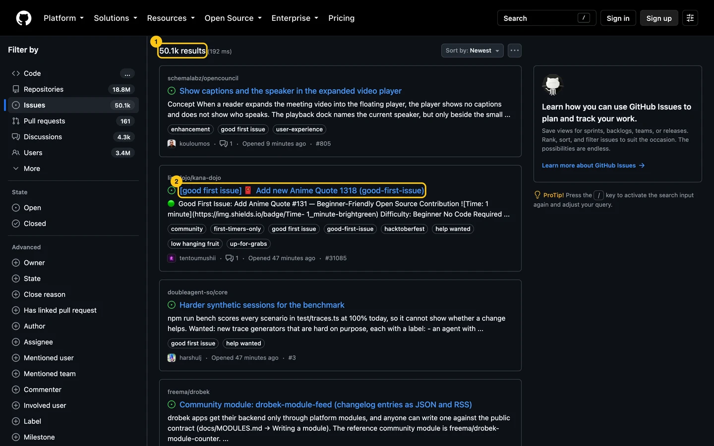 GitHub issue search for good first issues in TypeScript: 50.1k results, the second one an 'add a quote' issue with six beginner labels.
