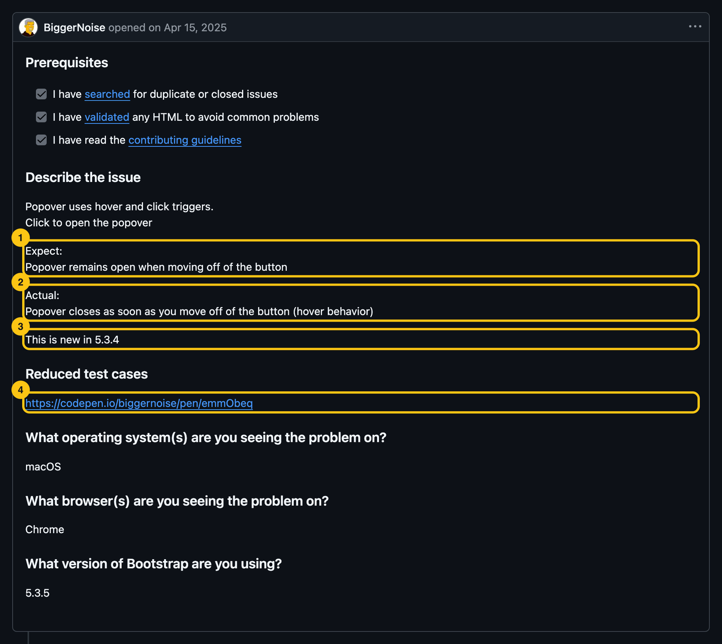 Bootstrap issue 41379: expect the popover to stay open, actually it closes, this is new in 5.3.4, and a CodePen link.
