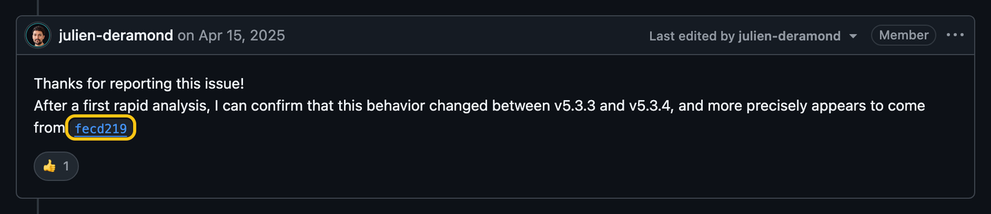 Julien's reply: the behavior changed between v5.3.3 and v5.3.4, and appears to come from commit fecd219.