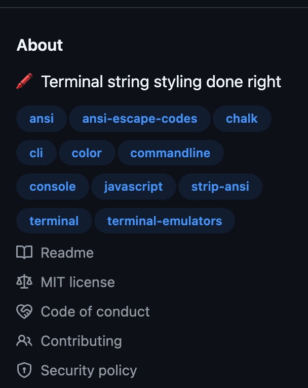 Chalk's About box: its description and topics, then Readme, MIT license, Code of conduct, Contributing, Security policy.