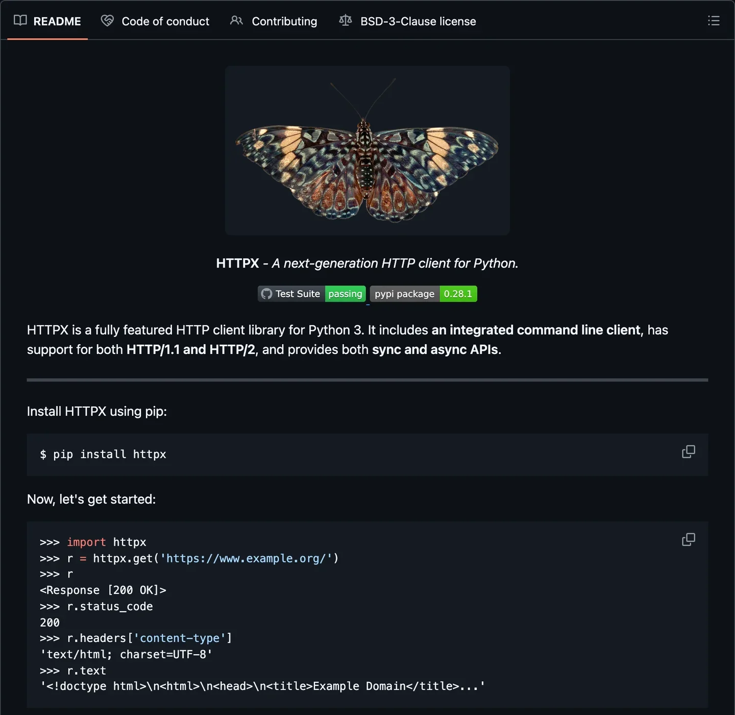 Top of HTTPX's README: logo, 'A next-generation HTTP client for Python', two badges, pip install httpx, then a first request.