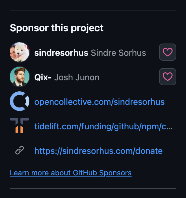 Chalk's Sponsor this project box: two GitHub Sponsors profiles, then Open Collective, Tidelift and a custom donation link.