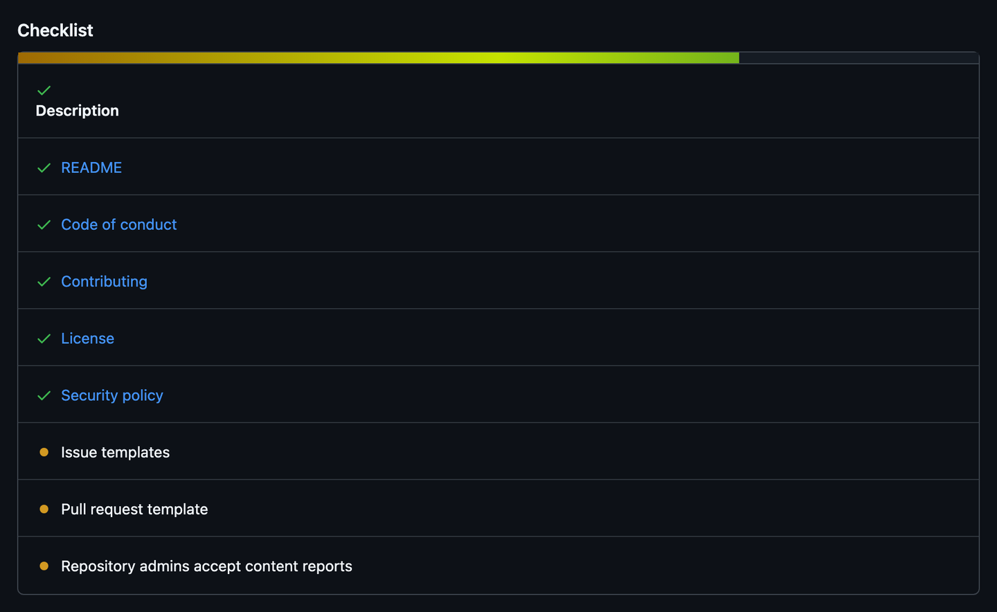 Chalk's Community Standards: six items ticked; issue templates, pull request template and content reports still open.