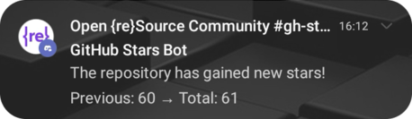 Screenshot of the mobile phone showing the Discord notification from the 'Open {re}Source Community' Discord space sent by 'GitHub Stars Bot'. The message is 'The repository has gained new stars! Previous: 60 → Total: 61'