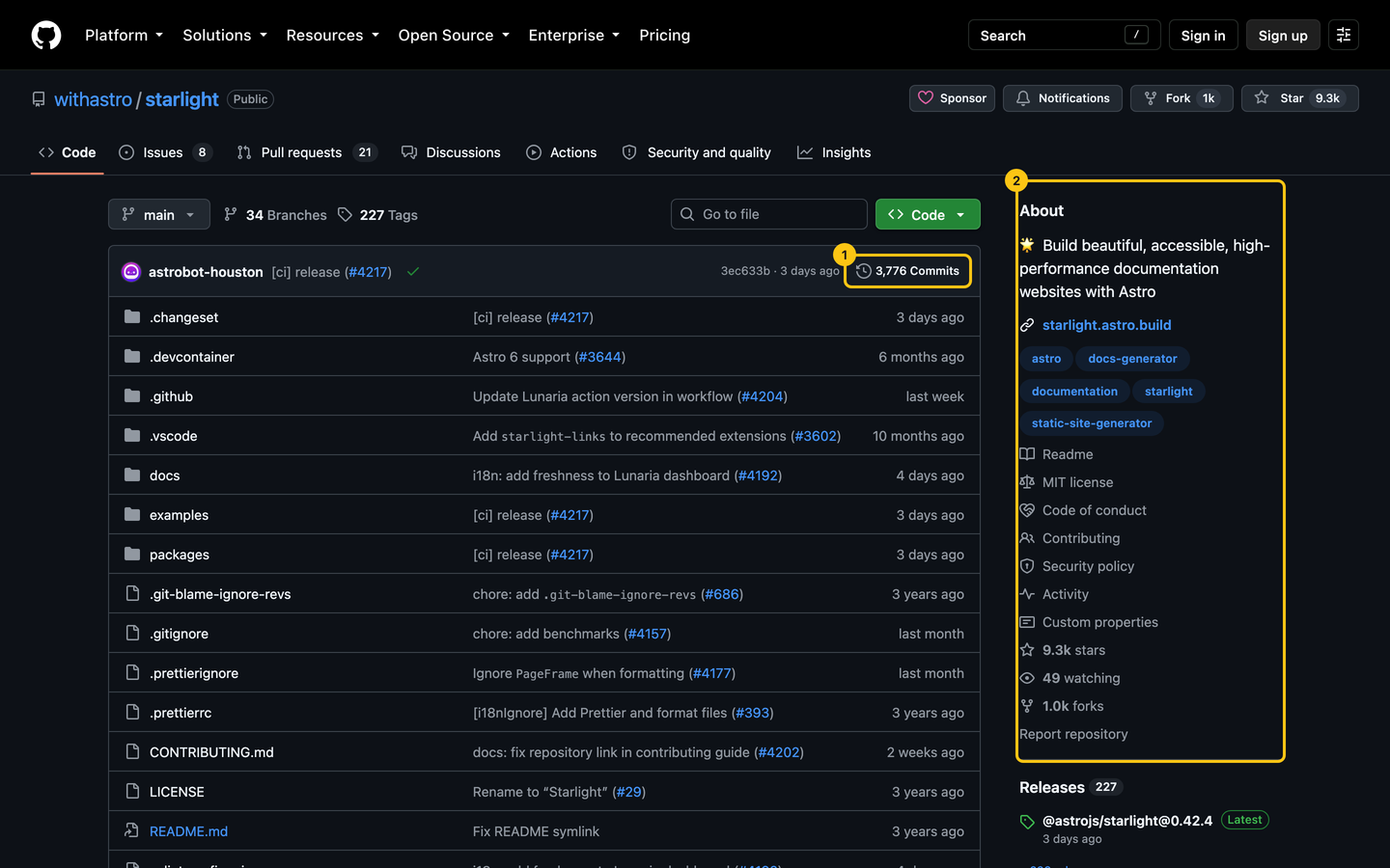 Starlight's repository page: the link to its 3,776 commits, and the About box with website, topics, license and health files.