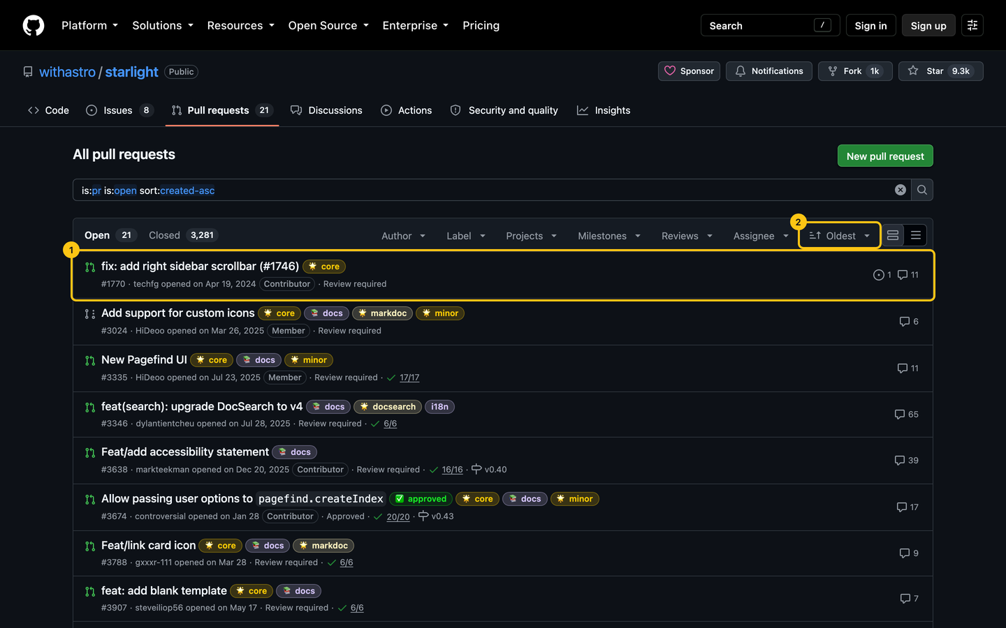 Starlight's open pull requests sorted by oldest: the first, from an outside contributor, was opened in April 2024.
