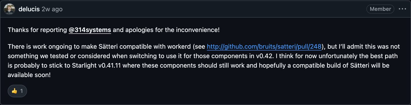A reply from a Member on a Starlight bug report: thanks, the upstream work in progress, and the version to use until then.