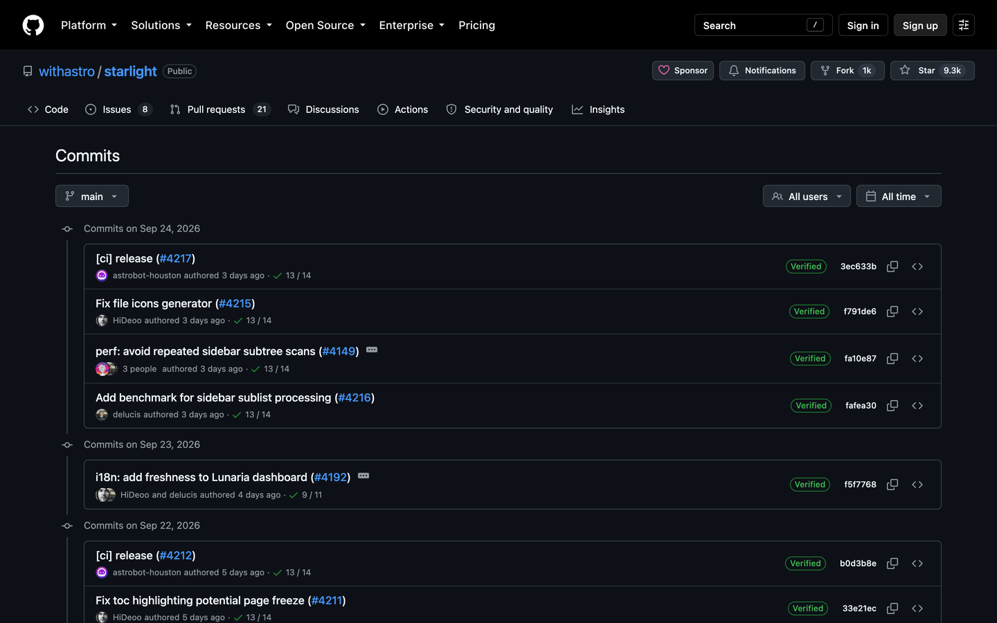 Starlight's commit history grouped by day: fixes and features by several people, with a release bot's commits in between.