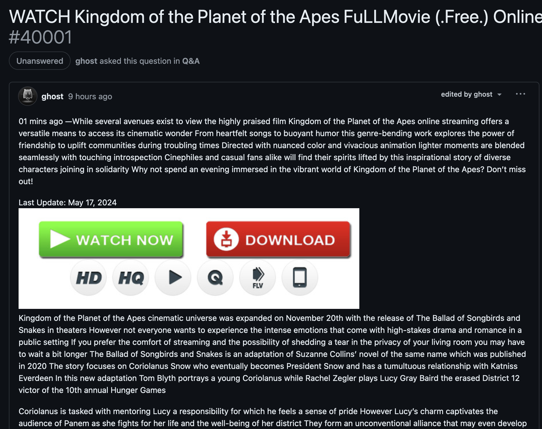 Screenshot of the GitHub interface showing a spam GitHub discussion with 'WATCH Kingdom of the Planet of the Apes FuLLMovie (.Free.)...' title, and a content matching this title, with big 'Watch now' and 'Download' buttons