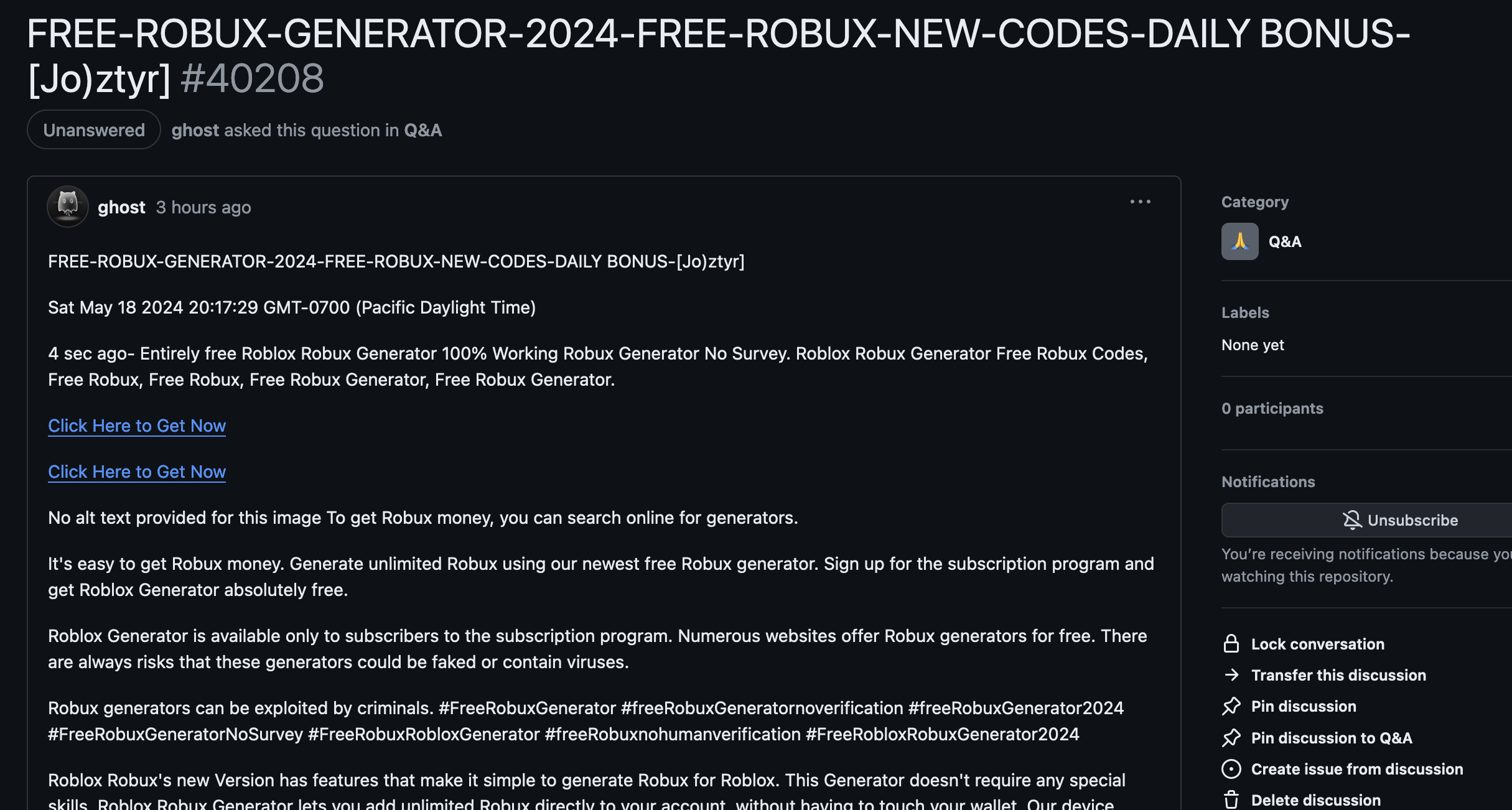 Screenshot of the GitHub interface showing a spam GitHub discussion with 'FREE-ROBUX-GENERATOR-2024-FREE-ROBUX-NEW-CODES-DAILY BONUS-[Jo)ztyr]' title, and a content matching this title, with links to get it