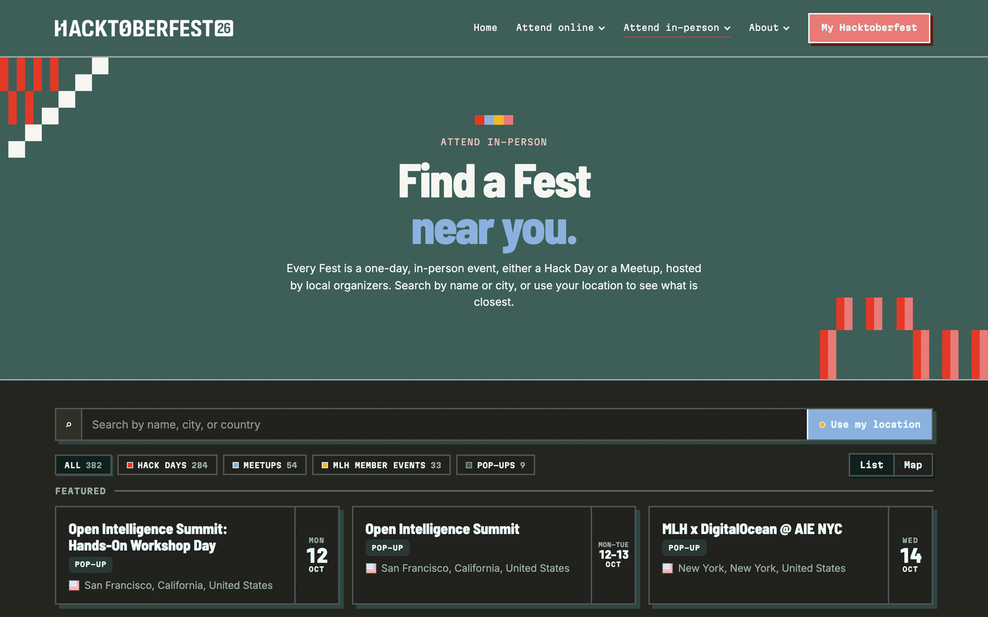 The Find a Fest page: 382 events in total, 284 Hack Days, 54 Meetups, with a search box and featured events in October.