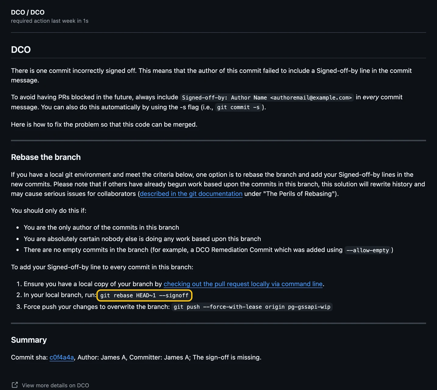 OpenTofu's DCO check: one commit incorrectly signed off, and the fix, git rebase HEAD~1 --signoff, then a force push.