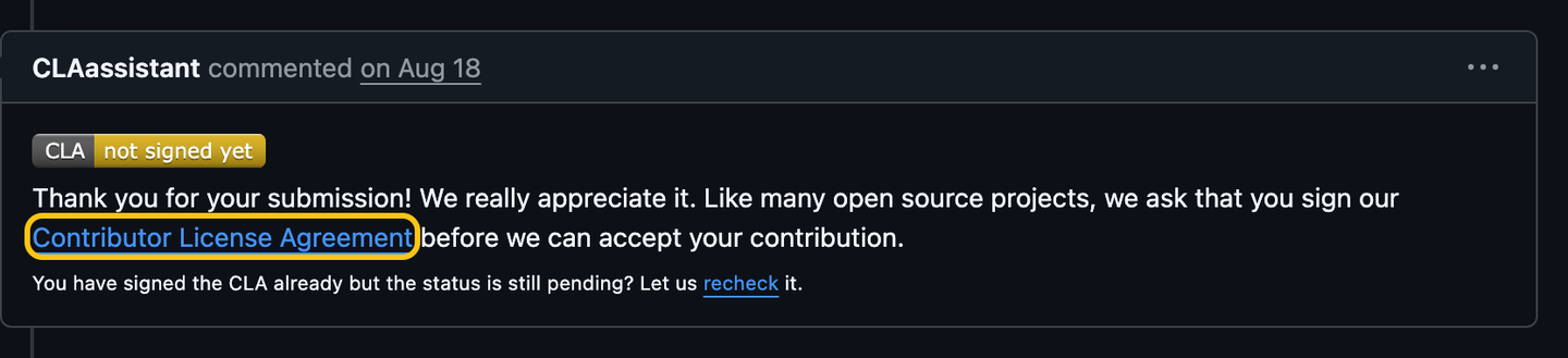 The CLA assistant bot on a TimescaleDB pull request: CLA not signed yet, and a link to the Contributor License Agreement.