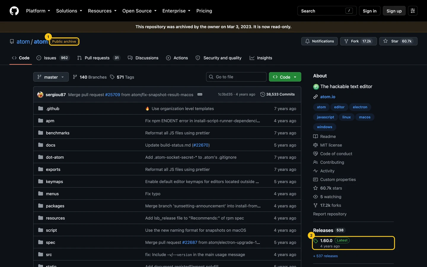 Atom's repository on GitHub: a banner saying it was archived on March 3, 2023 and is read-only, a Public archive label and release 1.60.0.