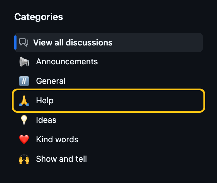 Tailwind CSS's Discussions categories: Announcements, General, Help, Ideas, Kind words, Show and tell. Help is highlighted.