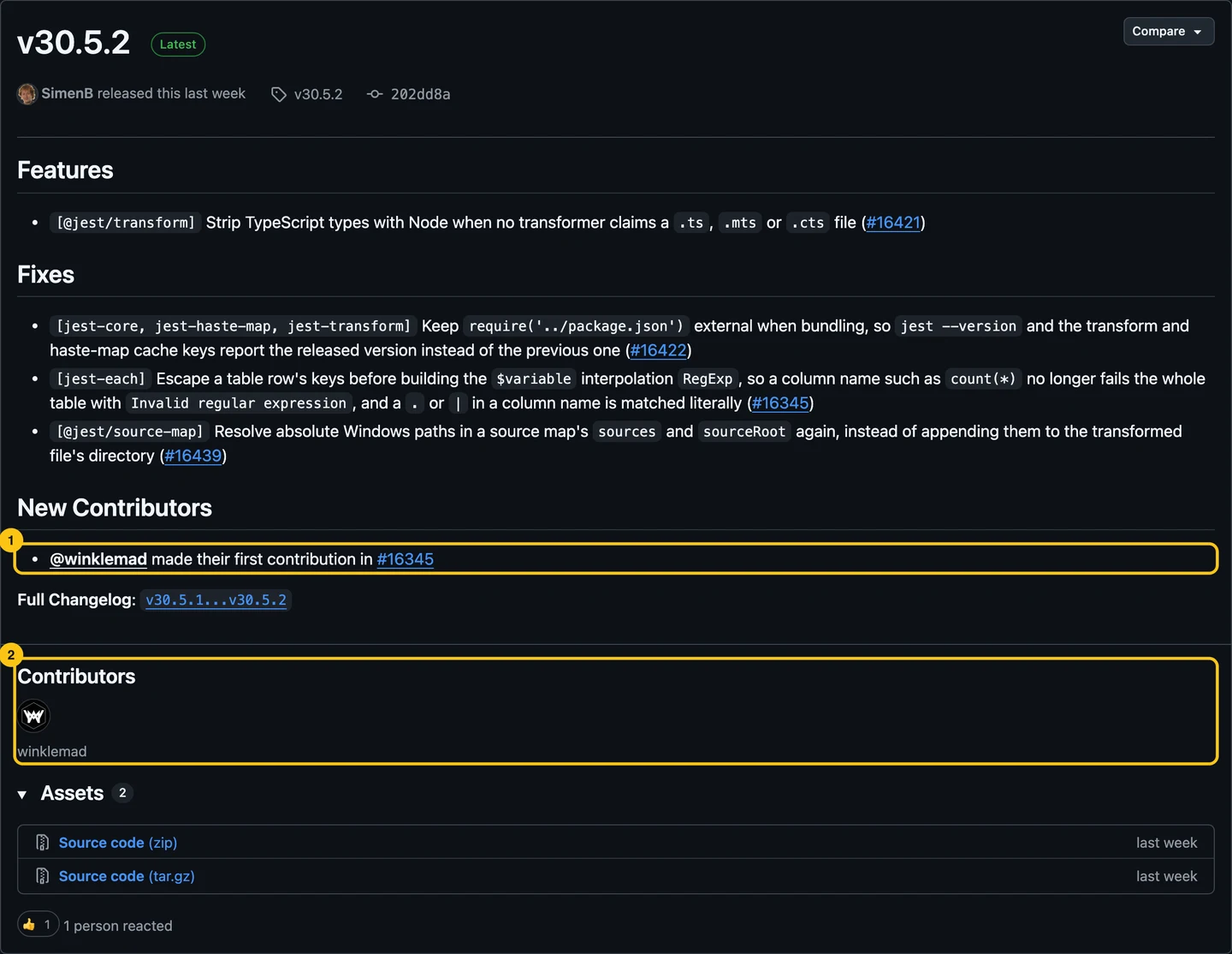 Jest v30.5.2 release: features and fixes, then New Contributors with one first-time contributor, and a Contributors section with one avatar.