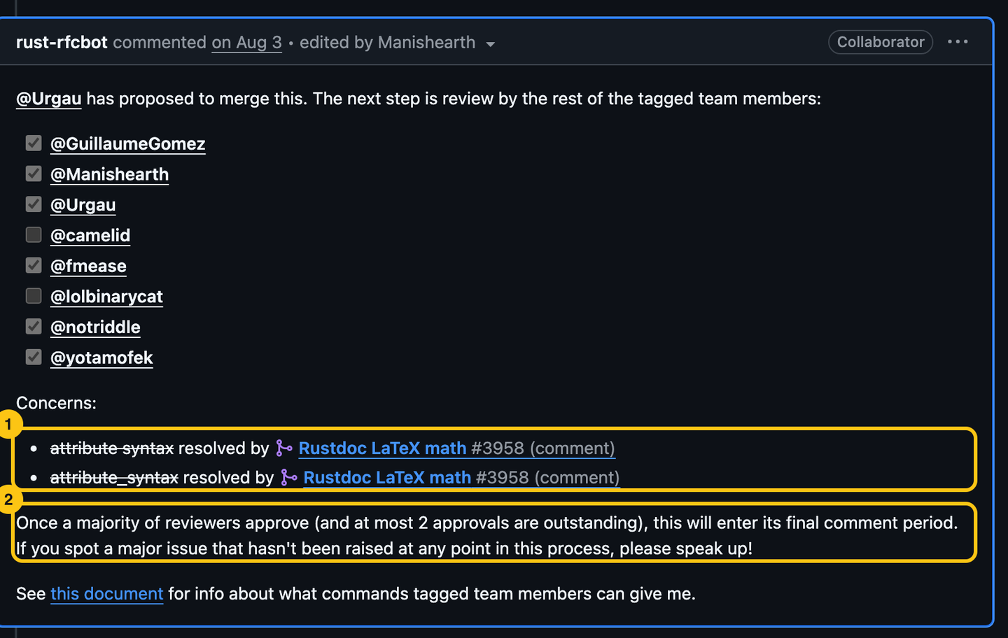 Rust's rfcbot comment on RFC 3958: team members' approvals as checkboxes, two resolved concerns, and the rule to enter the final comment period.