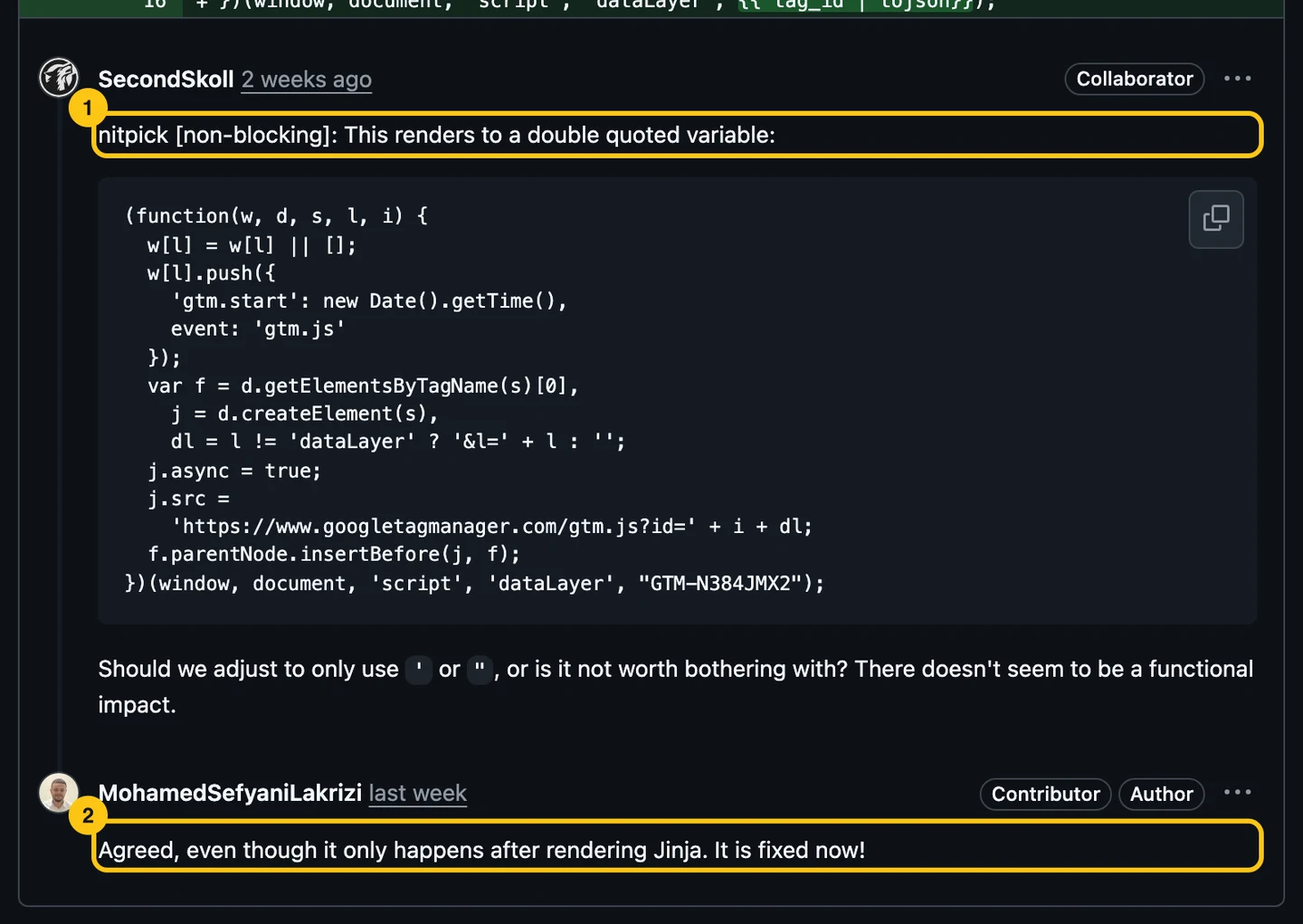 A review comment labeled nitpick non-blocking about a double-quoted variable, and the author's reply: agreed, it is fixed now.