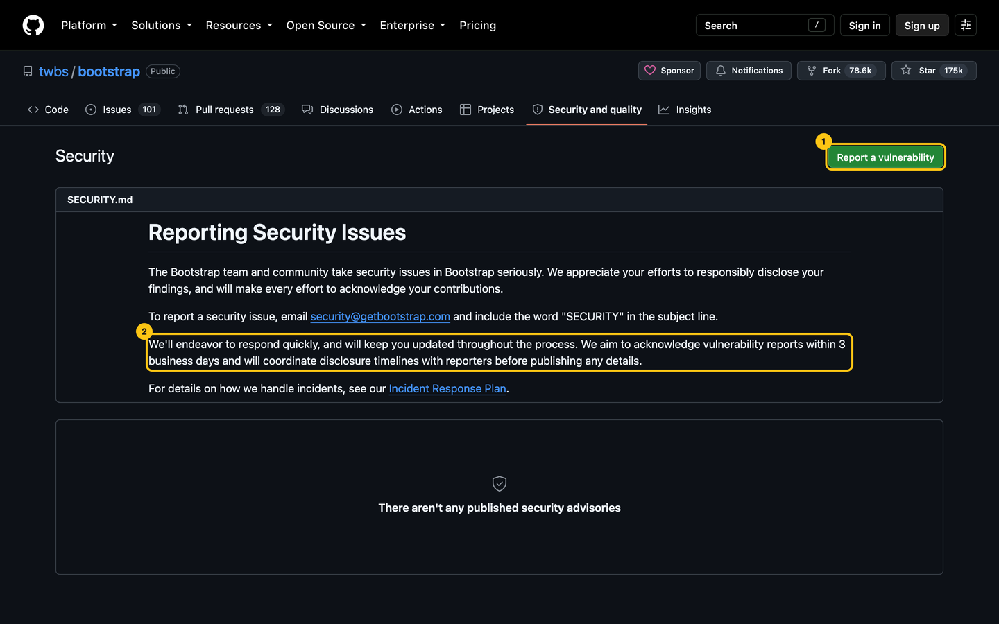Bootstrap's Security tab: a Report a vulnerability button, and its SECURITY.md promising to acknowledge reports within 3 business days.