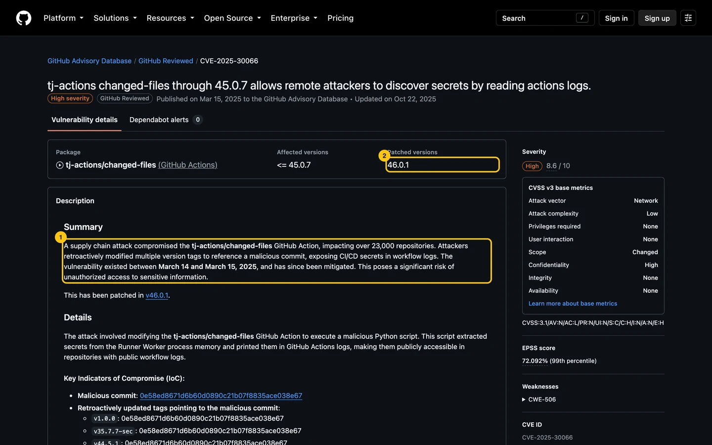GitHub advisory CVE-2025-30066 for tj-actions/changed-files: high severity, affected up to 45.0.7, patched in 46.0.1, and a summary of the attack.